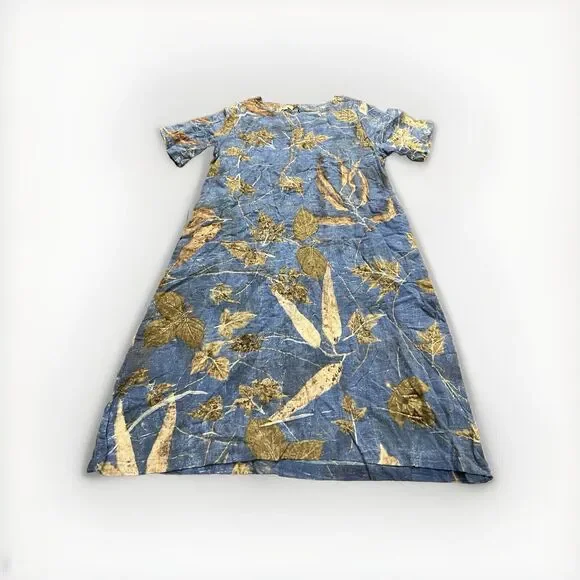 Novica Womens Blue Fall Leaves 100% Cotton Dress Short Sleeve Size M MEDIUM - Picture 1 of 8